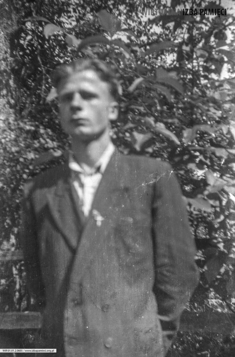 Lata 50. XX wieku. Franciszek Hubacz na tle zieleni, zdjęcie portretowe