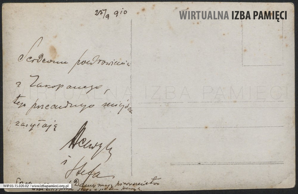 1910. Zakopane. Rewers. Kartka pocztowa z Zakopanego.