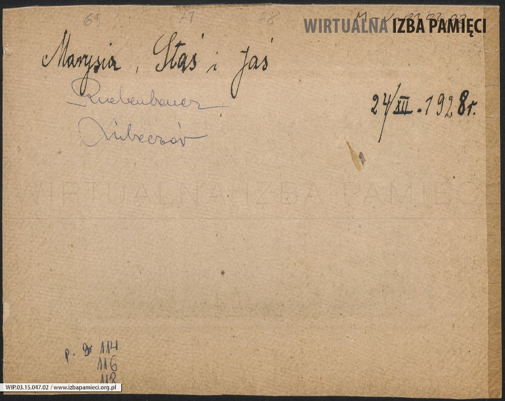 1928. Rewers. Napis: Marysia, Staś i Jaś Ruebenbauerowie, 21.12.1928.