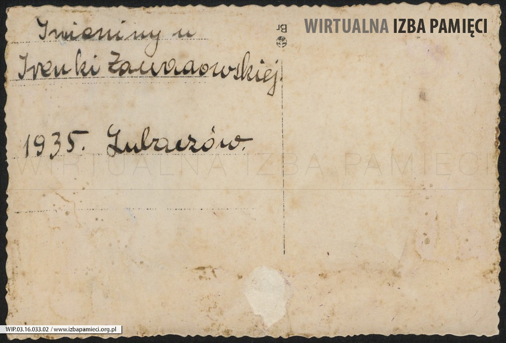 Rewers. Napis: Imieniny u Irenki Zawadowskiej. Lubaczów. 1935.