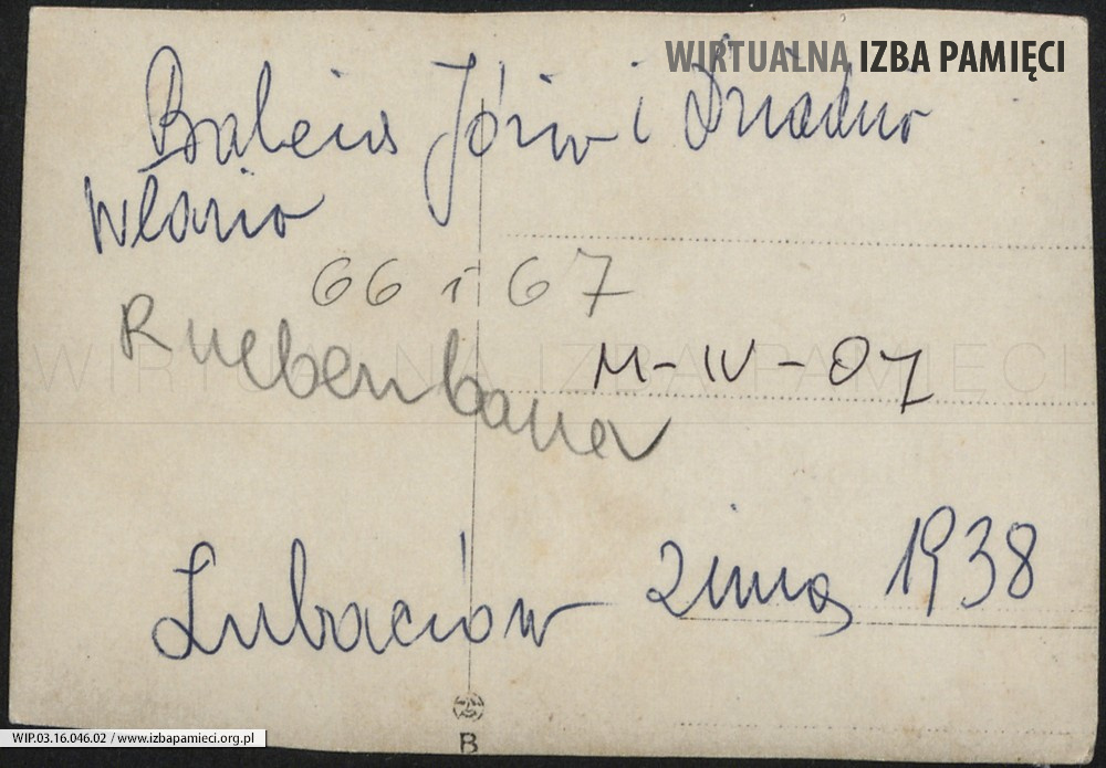 1938. Lubaczów. Rewers. Napis: Babcia Józia i Dziadek Władzio Ruebenbauer. Lubaczów zima 1938.