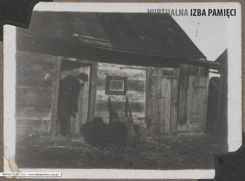 Lata 40. XX w. Lubaczów. Mężczyzna z psem przed budynkiem.