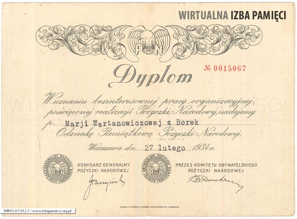 Dyplom potwierdzający nadanie Marii Wartanowiczowej Odznaki Pamiątkowej Pożyczki Narodowej.