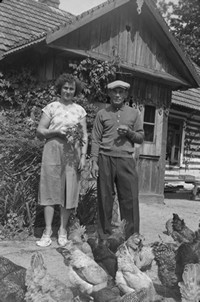 1958. Karmienie kur przed domem